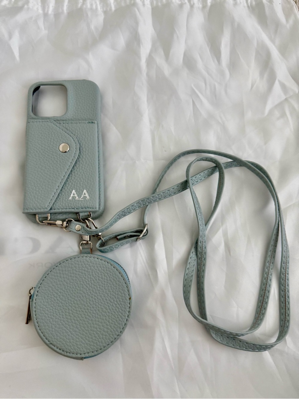Light Blue Leather Crossbody Phone Case with Card Pocket & Coin Pouch